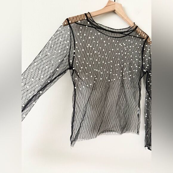 Amazon Sheer Long Sleeve Top and Pant Set Black with Pearl Detail - Size M - Picture 3 of 7